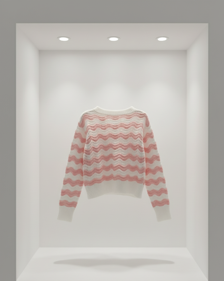 🌸 Women Pink & White Wavy Knit Sweater ( Exclusive Edition )