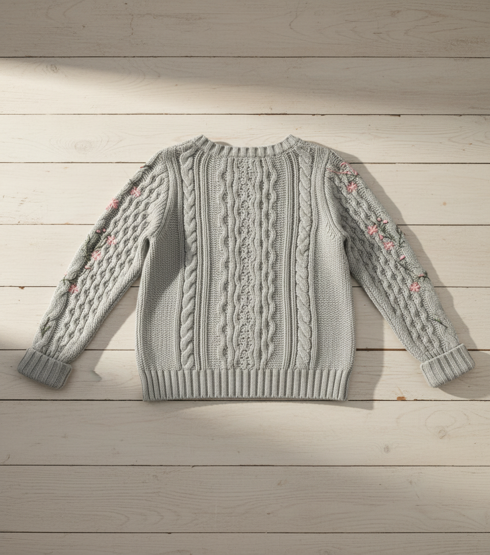 🌸 Women Grey Floral Embroidered Cable Knit Sweater ( Exclusive Edition )