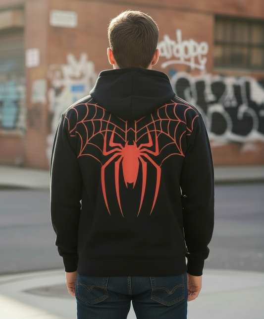 Black Zip-Up Hoodie – Red Spider Web