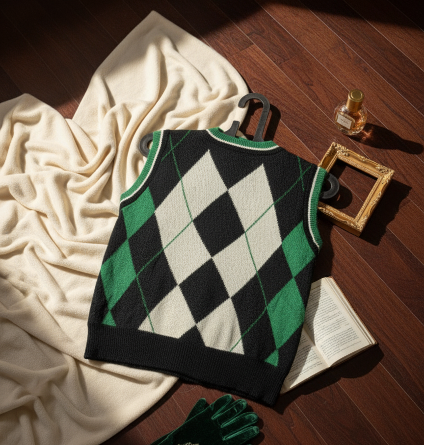 💚 Women Green & Black Argyle Knit Button-Down Sweater Vest (Exclusive Edition )