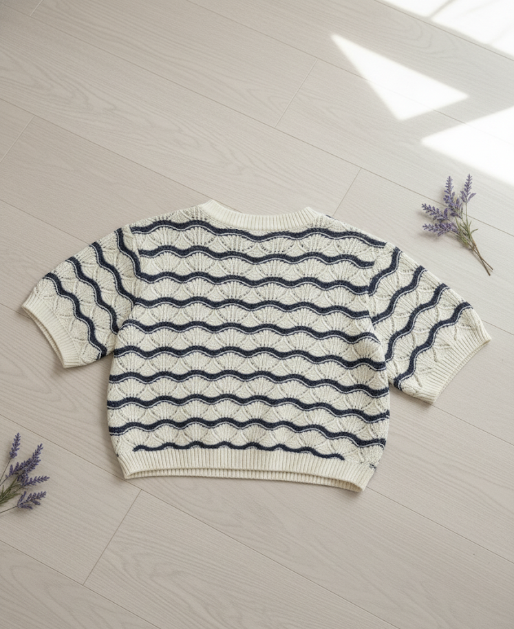 🤍 Women Cream Short Sleeve Knitted Sweater with Navy Wave Pattern ( Exclusive Edition )