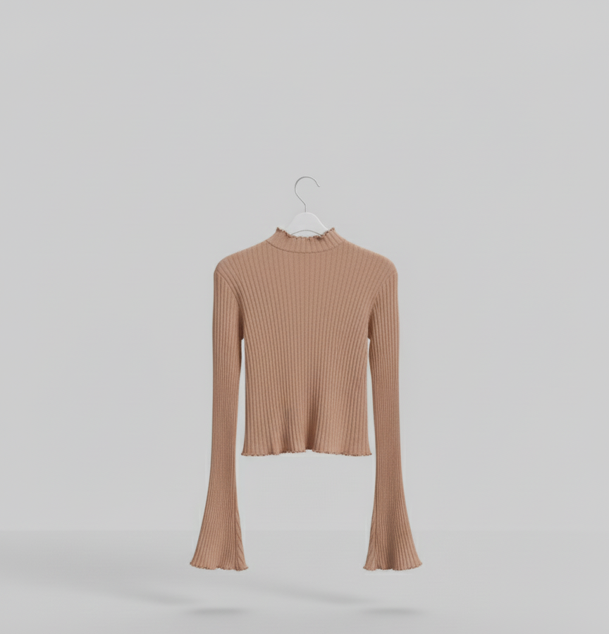 🤎 Women Light Brown Ribbed High Neck Flared Sleeve Crop Top ( Exclusive Edition )