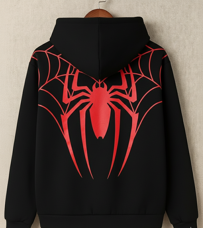 Black Zip-Up Hoodie – Red Spider Web