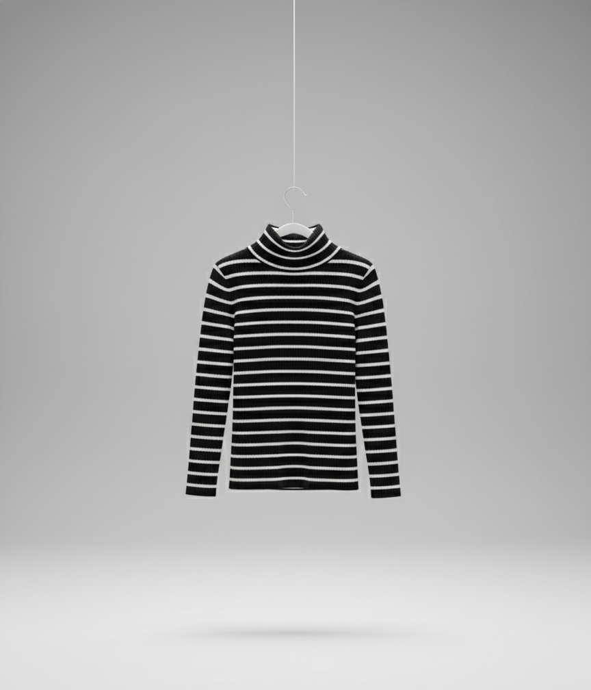 🖤 Women Black & White Striped Turtleneck Sweater ( Exclusive Edition )