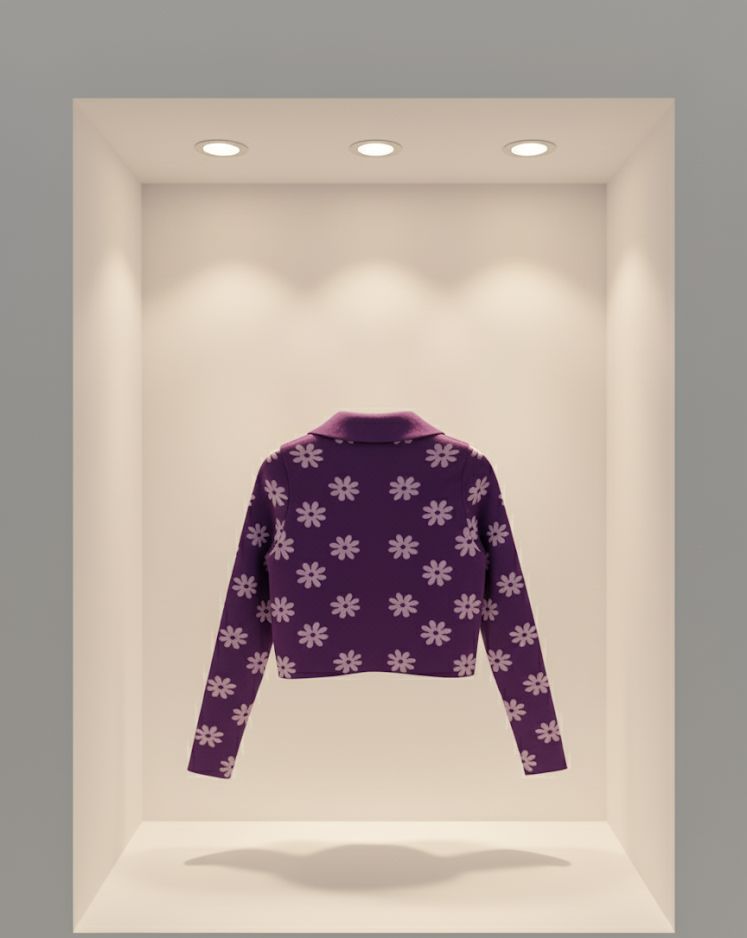 💜 Women Purple Daisy Print Collared Knit Sweater ( Exclusive Edition )