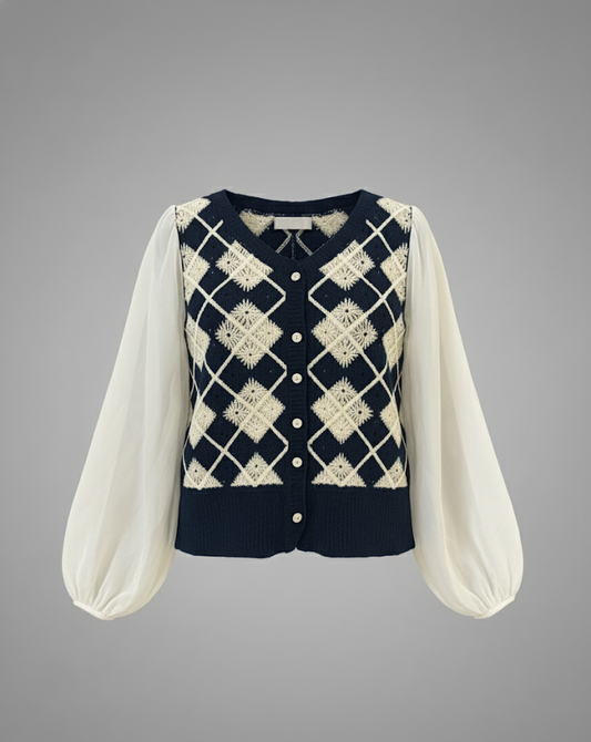 Vintage Knitted Argyle Vest Top with Sheer Puff Sleeves (exclusive piece)