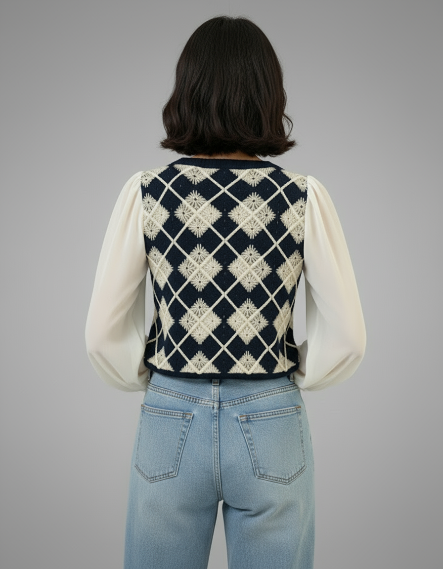 Vintage Knitted Argyle Vest Top with Sheer Puff Sleeves (exclusive piece)