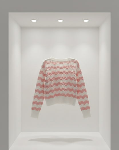 🌸 Women Pink & White Wavy Knit Sweater ( Exclusive Edition )