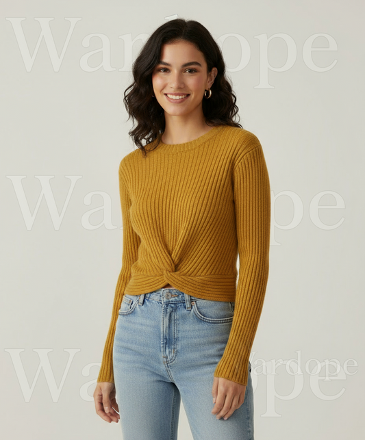 ✨ Women Mustard Yellow Ribbed Twist Front Sweater ( Exclusive Edition )