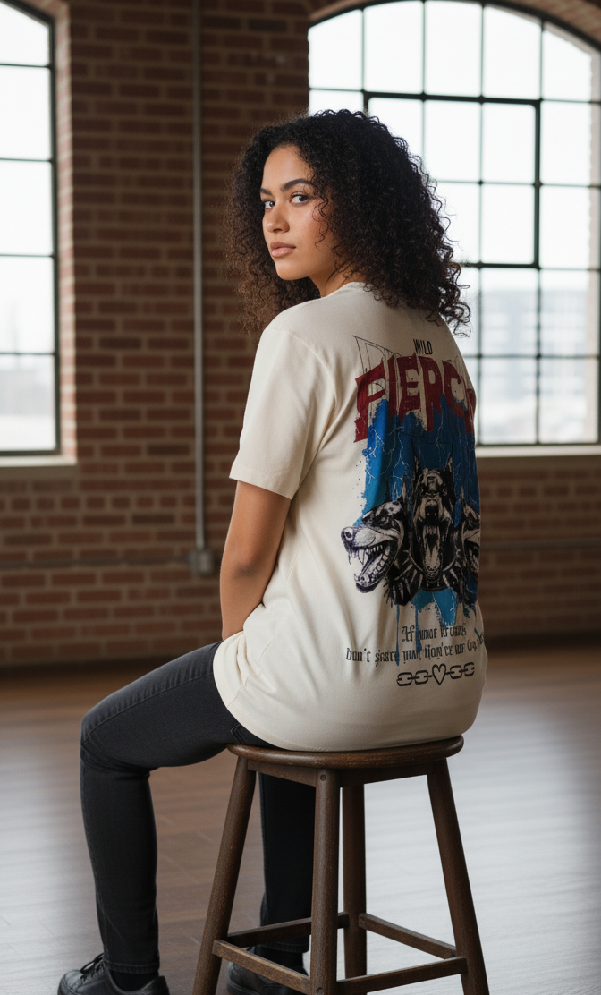 Woman sitting on a stool wearing a white t-shirt with a graphic design in a room with brick walls and large windows.
