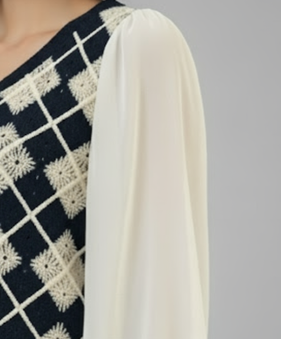 Vintage Knitted Argyle Vest Top with Sheer Puff Sleeves (exclusive piece)