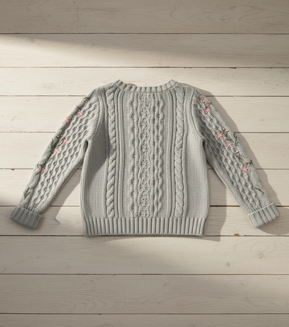 🌸 Women Grey Floral Embroidered Cable Knit Sweater ( Exclusive Edition )