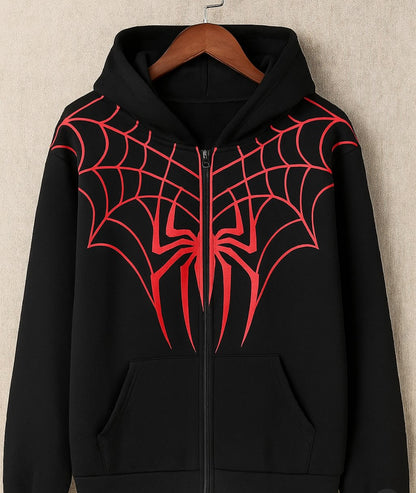Black Zip-Up Hoodie – Red Spider Web