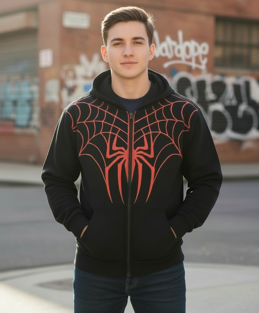 Black Zip-Up Hoodie – Red Spider Web