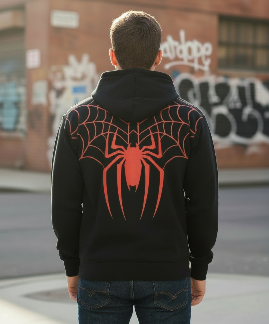 Black Zip-Up Hoodie – Red Spider Web