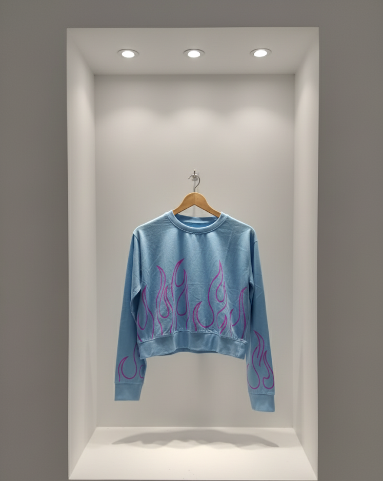 🔥 Women Light Blue Sweatshirt with Purple Flame Print ( Exclusive Edition )