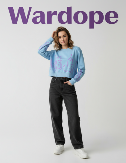 🔥 Women Light Blue Sweatshirt with Purple Flame Print ( Exclusive Edition )