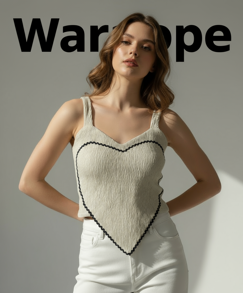 Women’s Beige Heart Design Ribbed Crop Top ( Exclusive Edition )