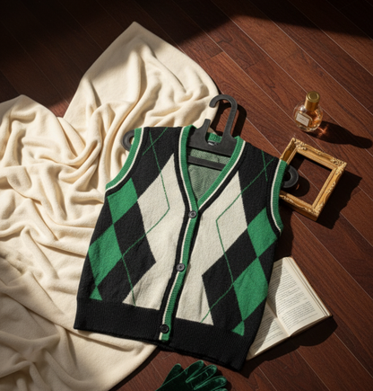 💚 Women Green & Black Argyle Knit Button-Down Sweater Vest (Exclusive Edition )