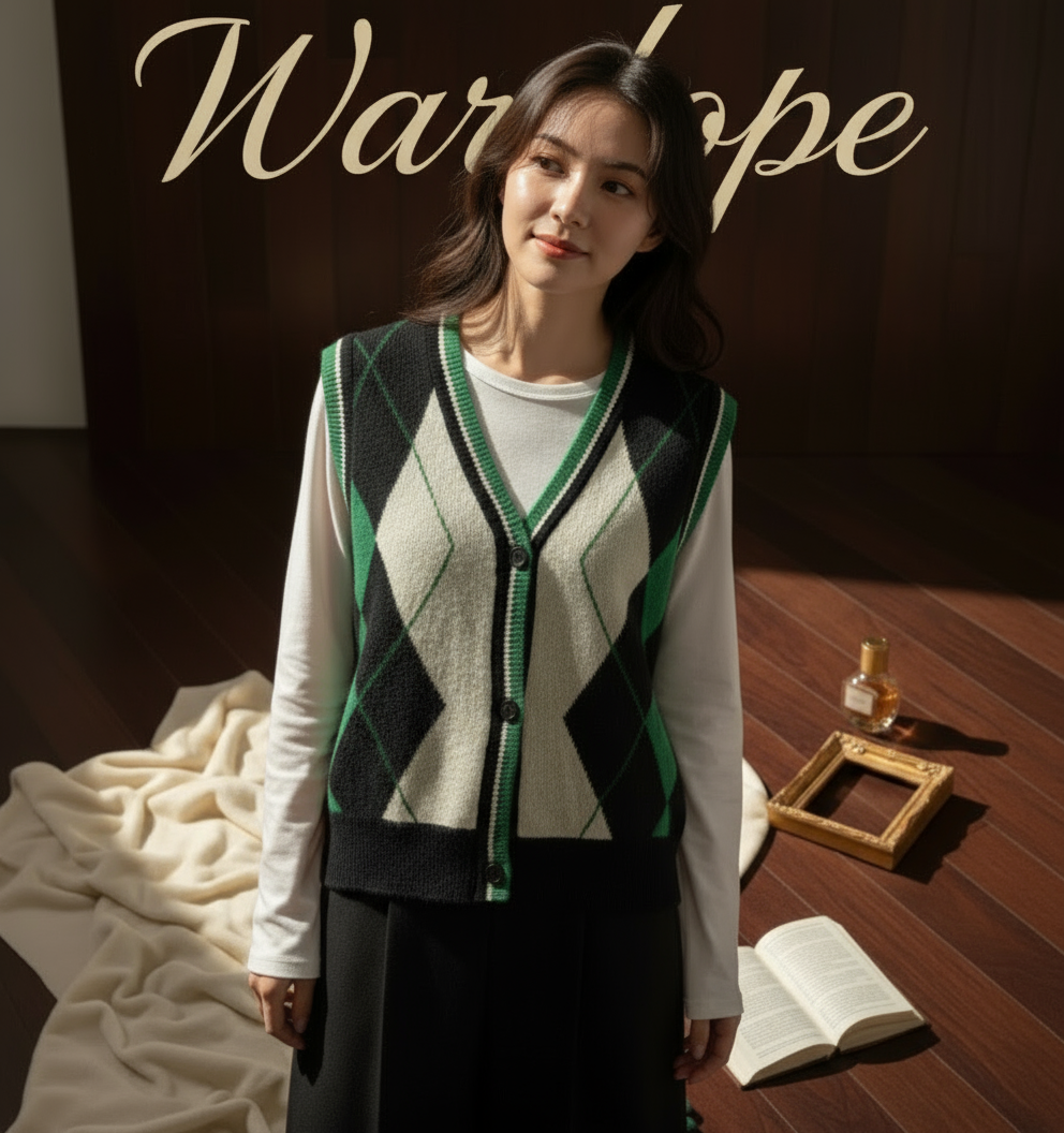 💚 Women Green & Black Argyle Knit Button-Down Sweater Vest (Exclusive Edition )