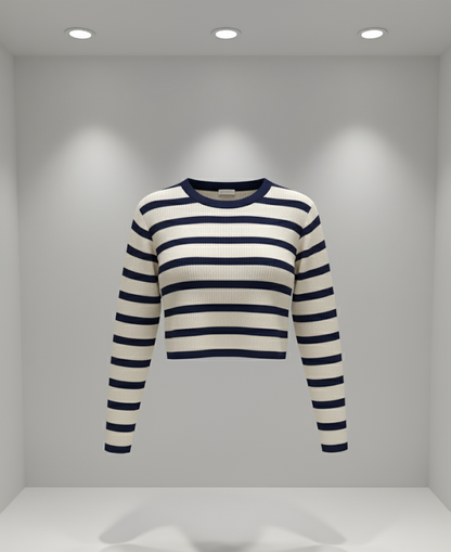 ⚓ Women Cream & Navy Striped Cropped Knit Sweater ( Exclusive Edition )