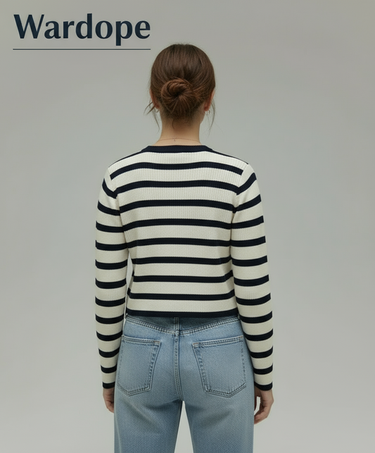 ⚓ Women Cream & Navy Striped Cropped Knit Sweater ( Exclusive Edition )