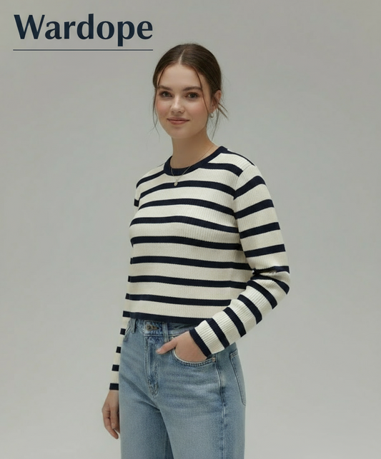 ⚓ Women Cream & Navy Striped Cropped Knit Sweater ( Exclusive Edition )