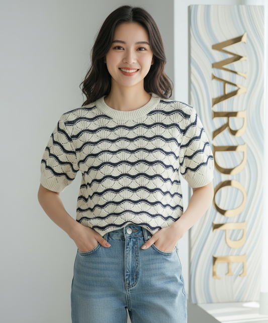 🤍 Women Cream Short Sleeve Knitted Sweater with Navy Wave Pattern ( Exclusive Edition )