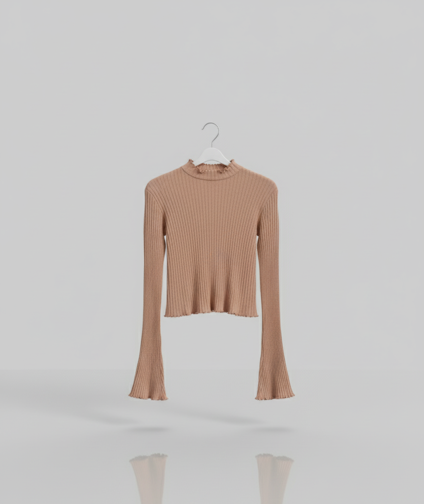 🤎 Women Light Brown Ribbed High Neck Flared Sleeve Crop Top ( Exclusive Edition )