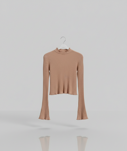 🤎 Women Light Brown Ribbed High Neck Flared Sleeve Crop Top ( Exclusive Edition )
