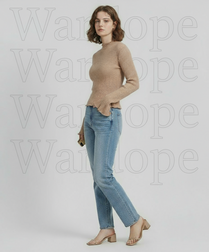 🤎 Women Light Brown Ribbed High Neck Flared Sleeve Crop Top ( Exclusive Edition )