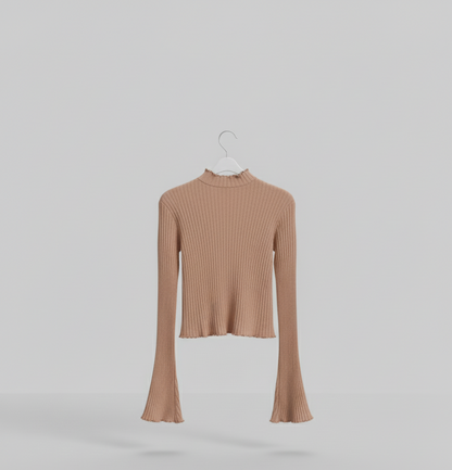 🤎 Women Light Brown Ribbed High Neck Flared Sleeve Crop Top ( Exclusive Edition )