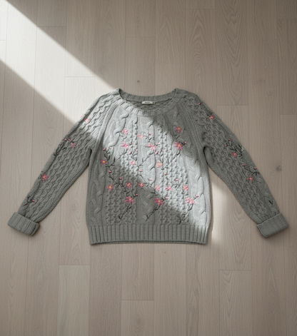 🌸 Women Grey Floral Embroidered Cable Knit Sweater ( Exclusive Edition )