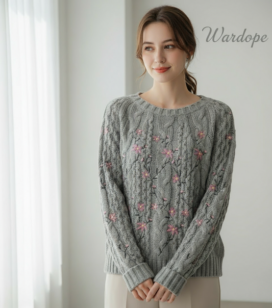 🌸 Women Grey Floral Embroidered Cable Knit Sweater ( Exclusive Edition )