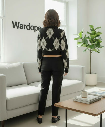 🖤 Women Black & Beige Argyle Knit Sweater ( Exclusive Edition )