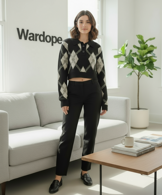 🖤 Women Black & Beige Argyle Knit Sweater ( Exclusive Edition )