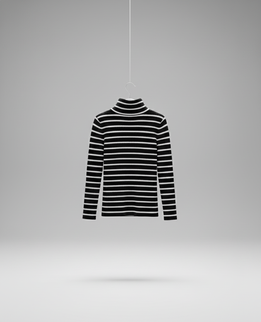 🖤 Women Black & White Striped Turtleneck Sweater ( Exclusive Edition )