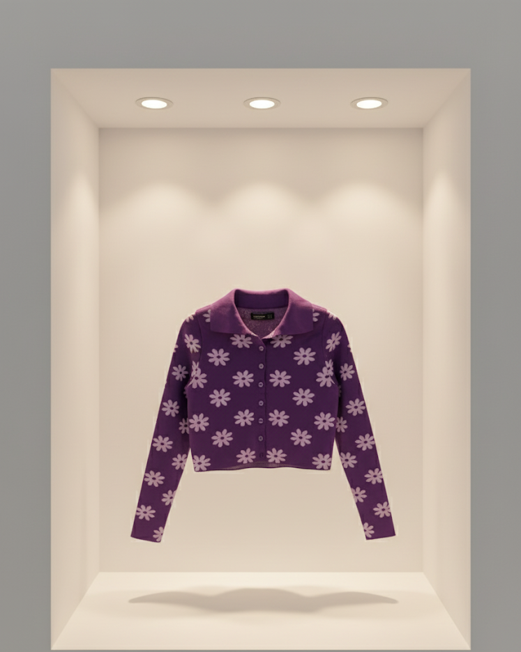💜 Women Purple Daisy Print Collared Knit Sweater ( Exclusive Edition )