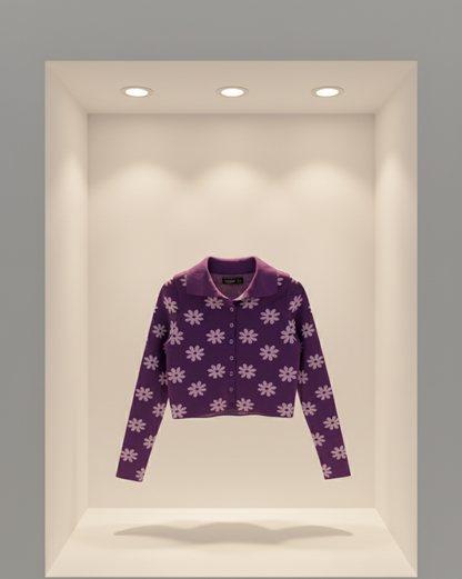 💜 Women Purple Daisy Print Collared Knit Sweater ( Exclusive Edition )