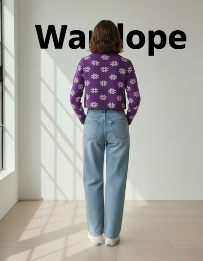 💜 Women Purple Daisy Print Collared Knit Sweater ( Exclusive Edition )