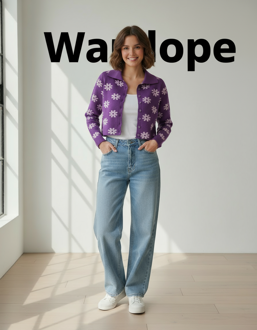 💜 Women Purple Daisy Print Collared Knit Sweater ( Exclusive Edition )