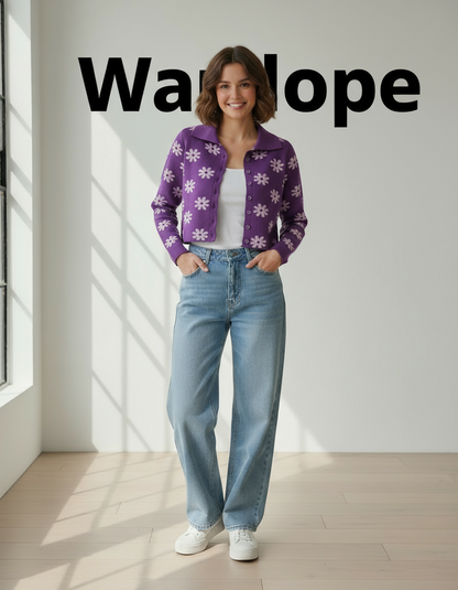 💜 Women Purple Daisy Print Collared Knit Sweater ( Exclusive Edition )