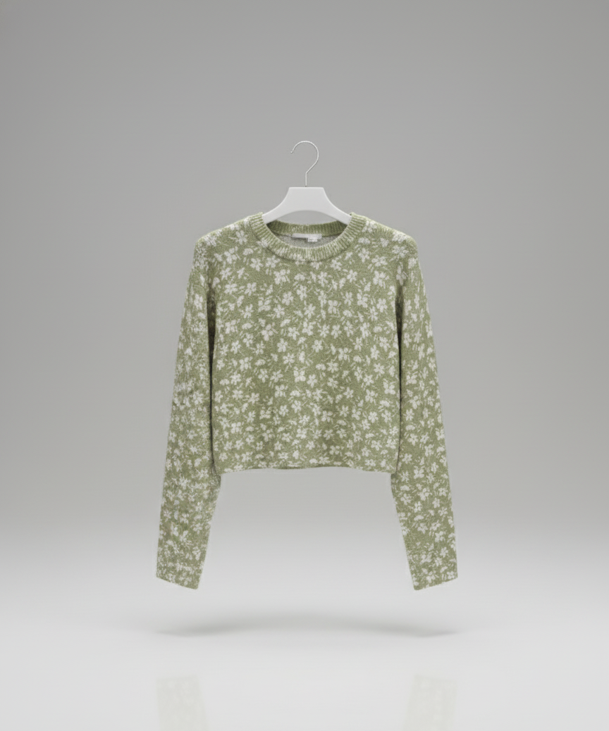 🌿 Women Light Green Floral Knit Sweater