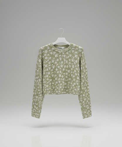 🌿 Women Light Green Floral Knit Sweater