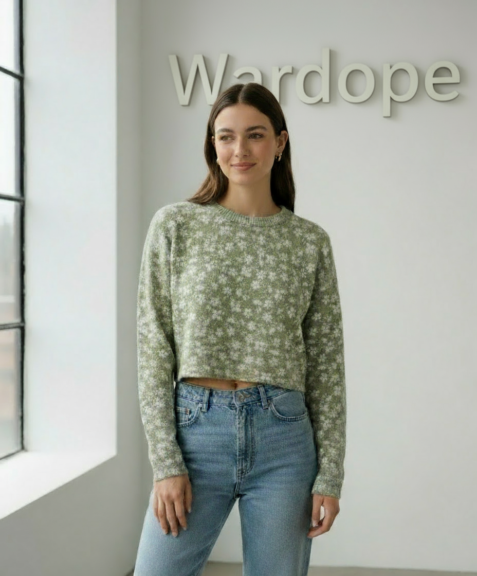 🌿 Women Light Green Floral Knit Sweater