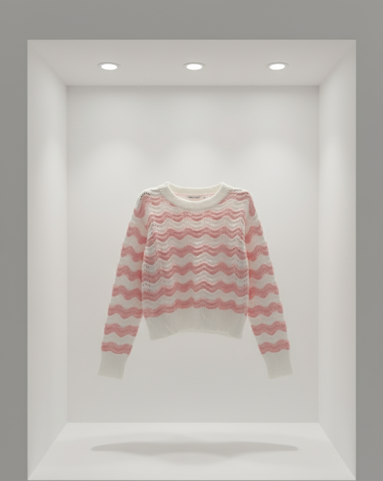 🌸 Women Pink & White Wavy Knit Sweater ( Exclusive Edition )