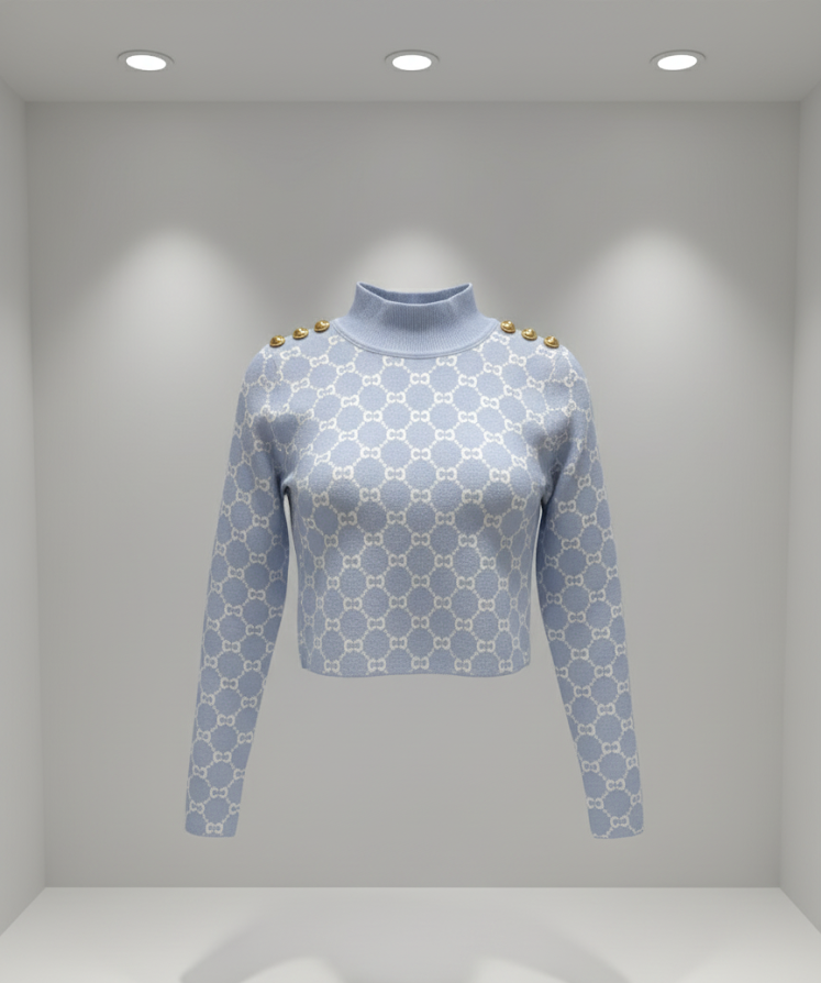 💙 Women Sky Blue High Neck Patterned Sweater ( Exclusive Edition)