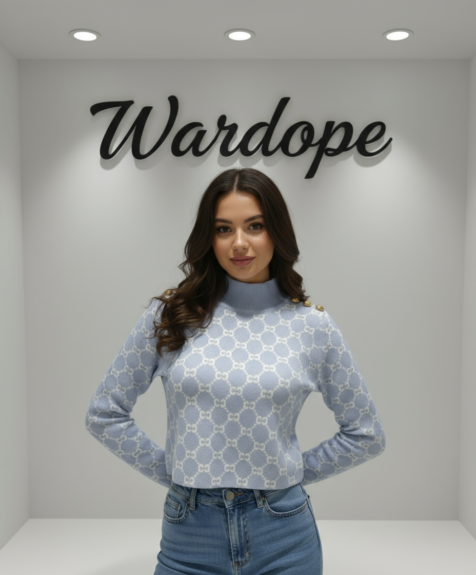 💙 Women Sky Blue High Neck Patterned Sweater ( Exclusive Edition)