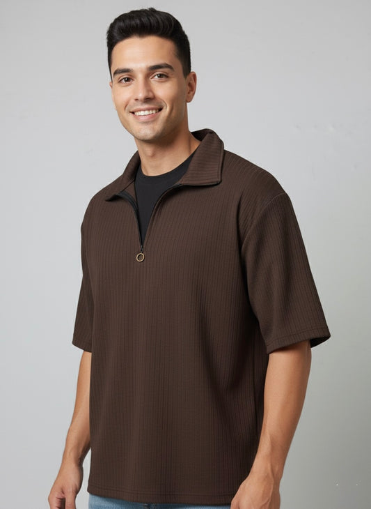 Oversized Half-Zip High Neck Top – Chocolate Brown (Exclusive)