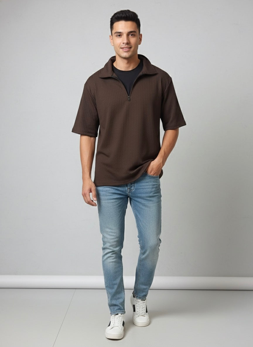 Oversized Half-Zip High Neck Top – Chocolate Brown (Exclusive)